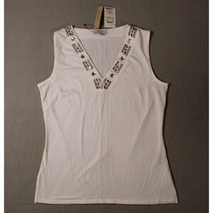 Bogari White Embellished Tank Top Womens L Y2K Glam Rhinestone Party Going Out